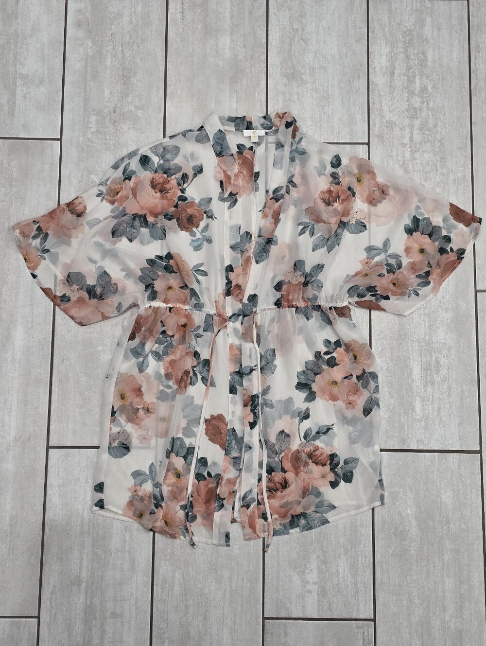 CHARMING CHARLIE Sheer White Floral Kimono Cover-Up Drawstring Waist